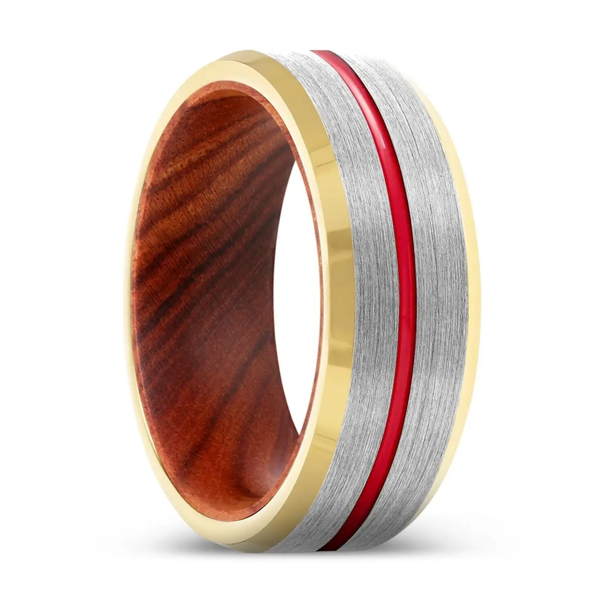 Flux | Iron Wood, Silver Tungsten Ring, Red Groove, Gold Beveled Edge 1