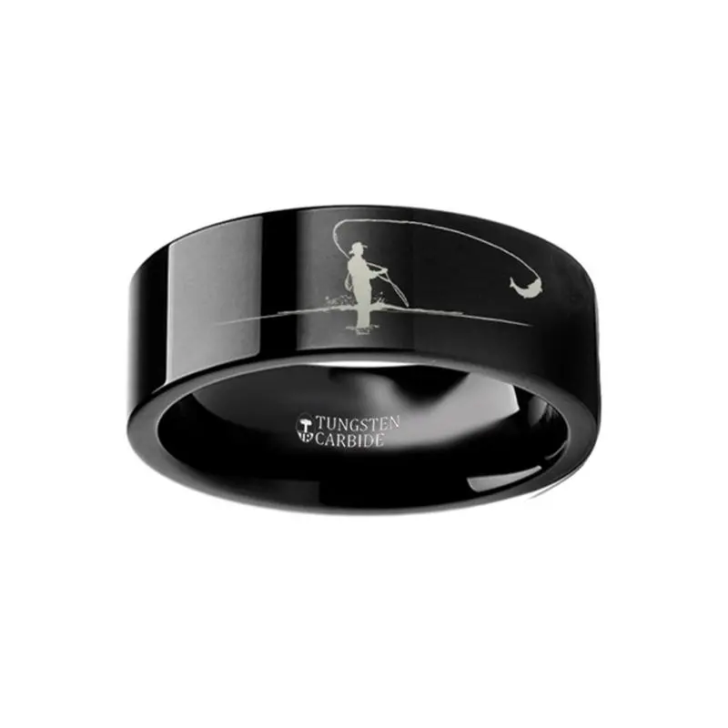 Fly Fishing Fishermen Print Engraved Black Tungsten Wedding Band For Men And Women - 4Mm - 12Mm 1