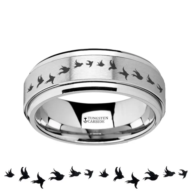 Flying Birds Engraved Raised Center Spinner Tungsten Wedding Ring For Men - 8Mm 1