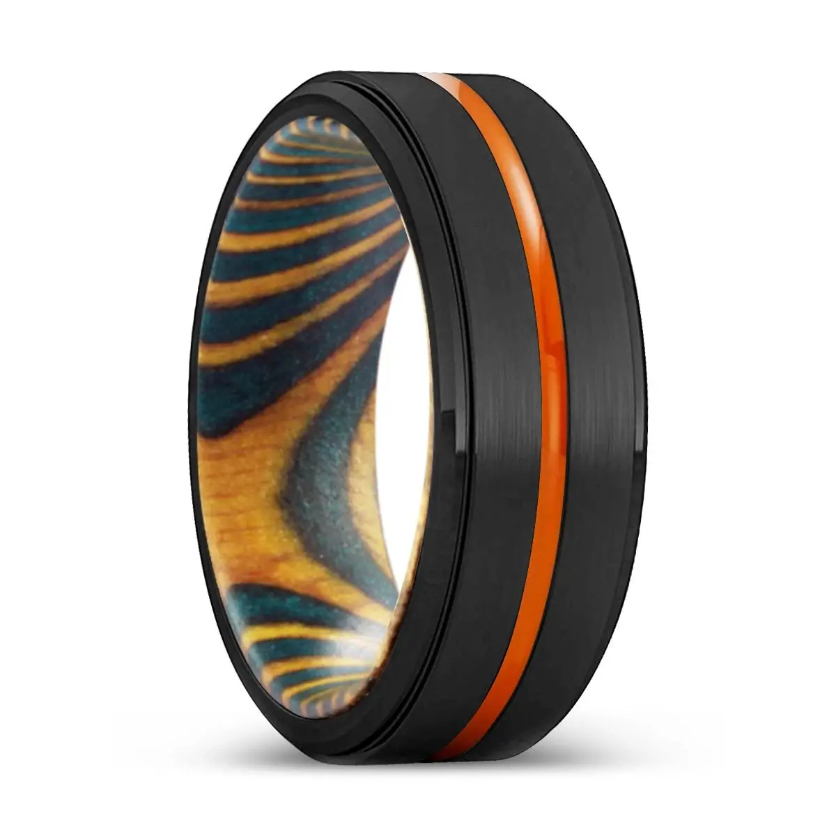 Fontana | Green & Yellow Wood, Black Tungsten Ring, Orange Groove, Stepped Edge 1