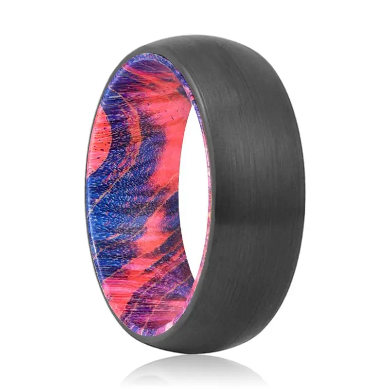 Force | Blue & Red Wood, Black Tungsten Ring, Brushed, Domed 1