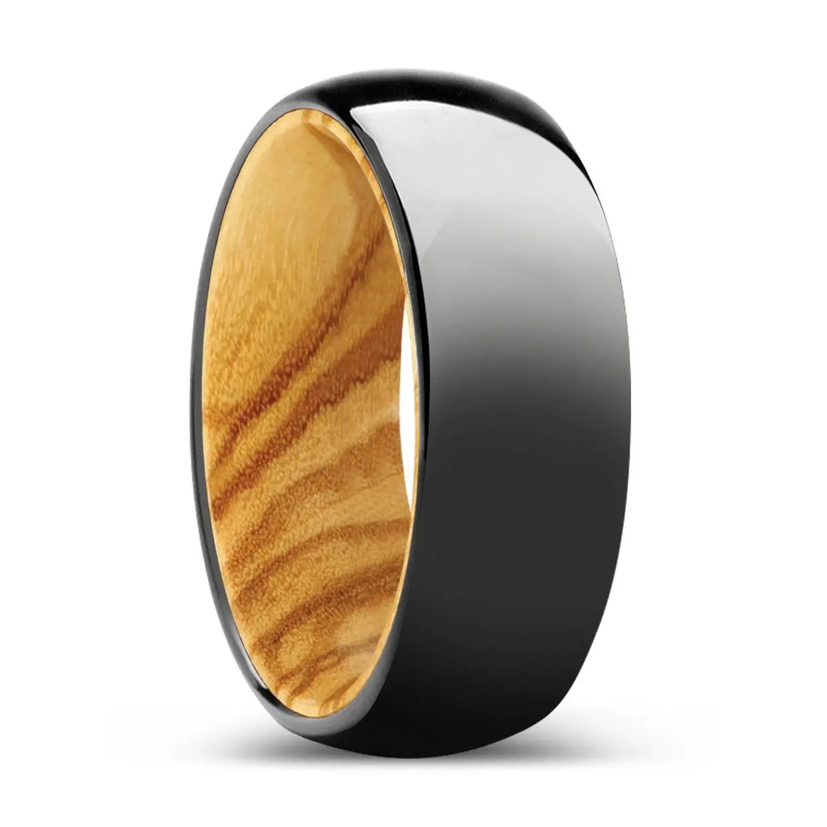 Foresta | Olive Wood, Black Tungsten Ring, Shiny, Domed 1