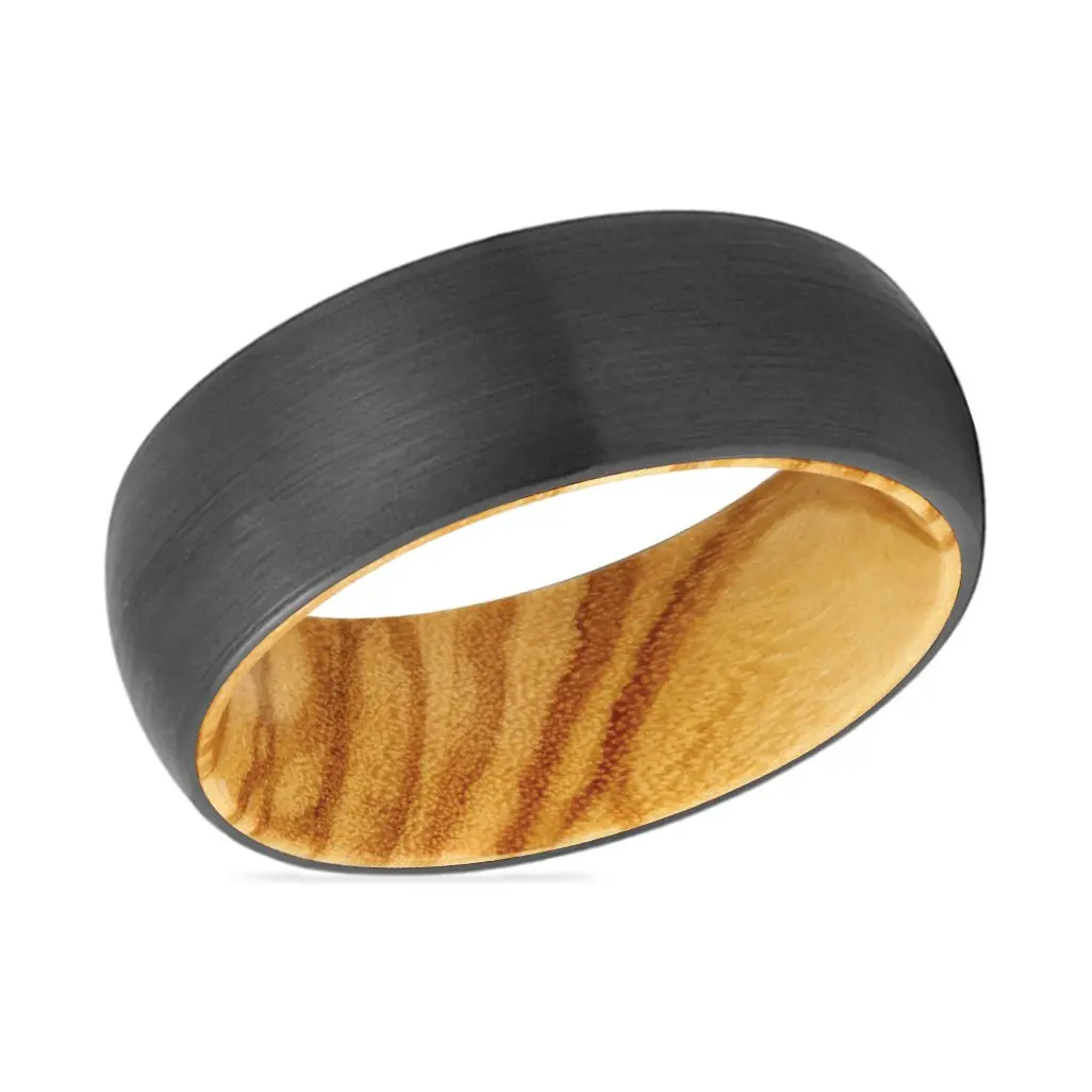Forge | Olive Wood, Black Tungsten Ring, Brushed, Domed 2
