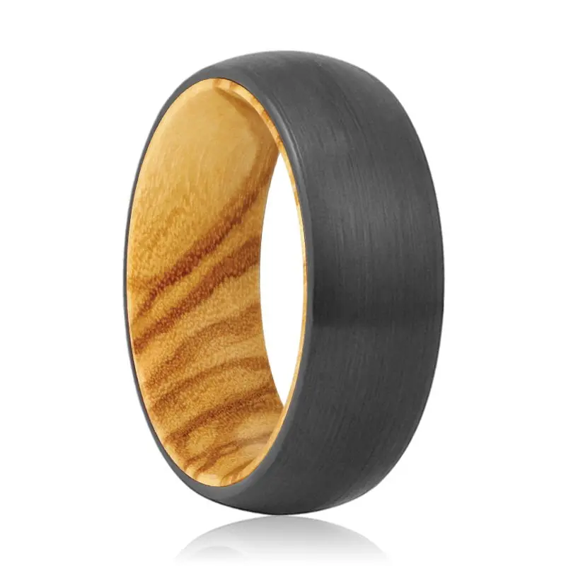 Forge | Olive Wood, Black Tungsten Ring, Brushed, Domed 1