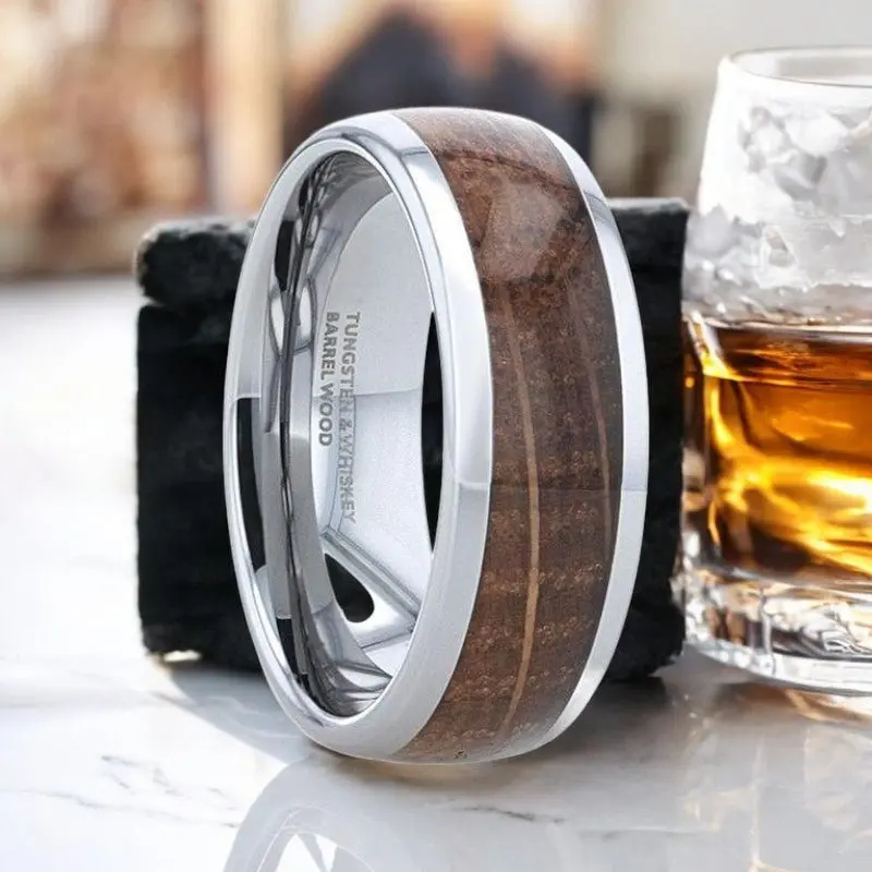 Forment | Silver Tungsten Ring, Whiskey Barrel Inlay, Domed Polished Edges 1
