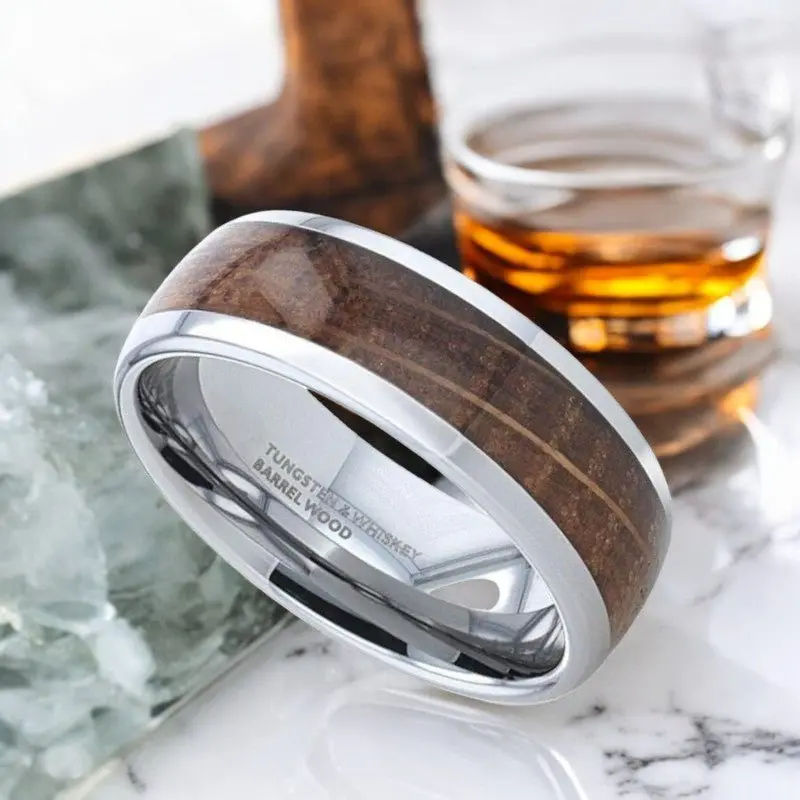 Forment | Silver Tungsten Ring, Whiskey Barrel Inlay, Domed Polished Edges 2