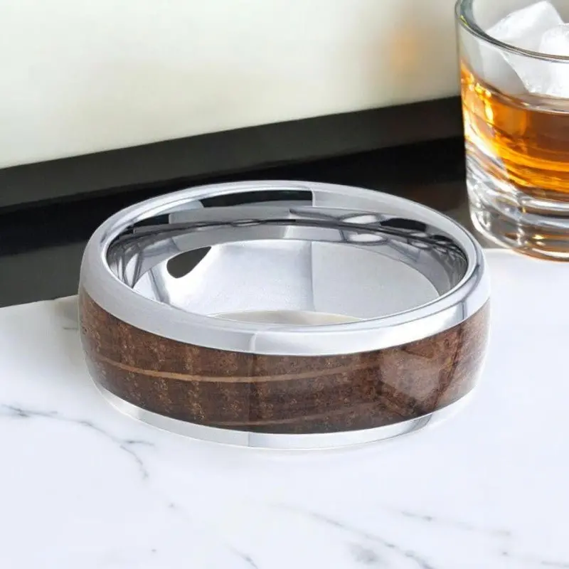 Forment | Silver Tungsten Ring, Whiskey Barrel Inlay, Domed Polished Edges 3