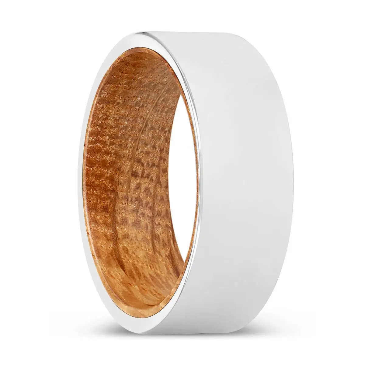 Forrest | Whiskey Barrel Wood, Silver Tungsten Ring, Shiny, Flat 1
