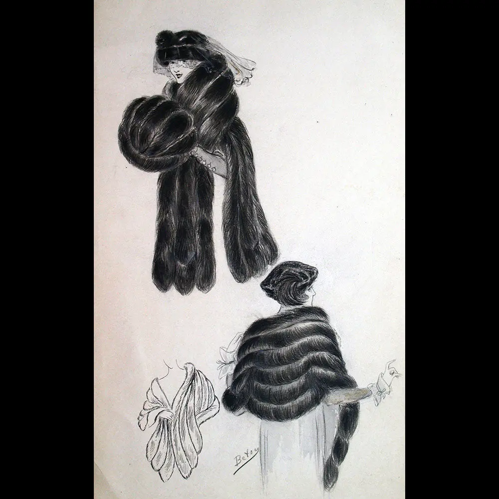 Fourrures Max - Dessin D'une Cape Et D'un Manchon De Fourrure Par Betsy (Circa 1915-1920) 1