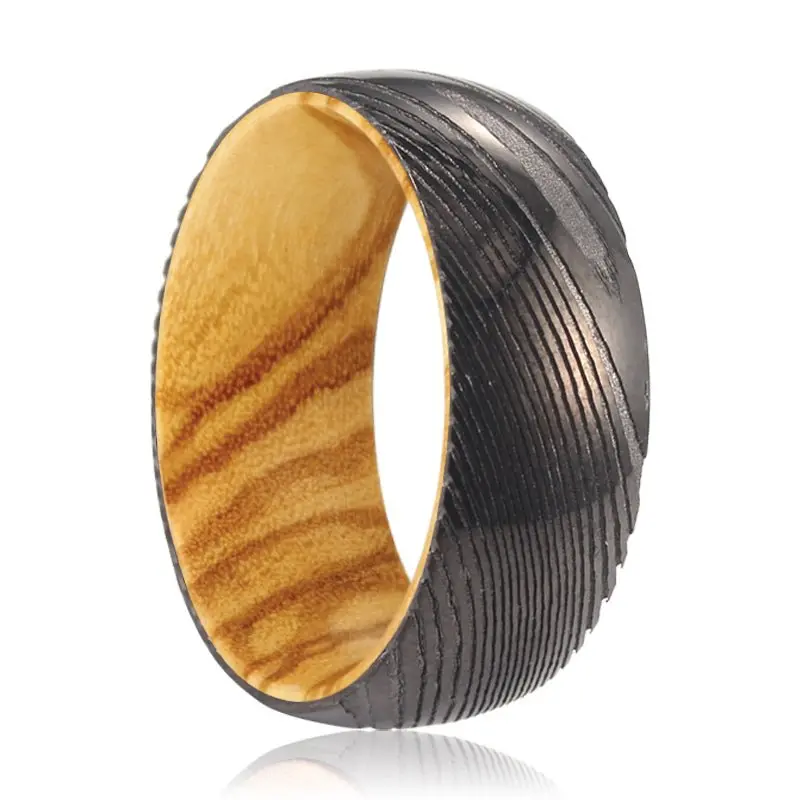 Foxtail | Olive Wood, Gunmetal Damascus Steel Ring, Domed 1