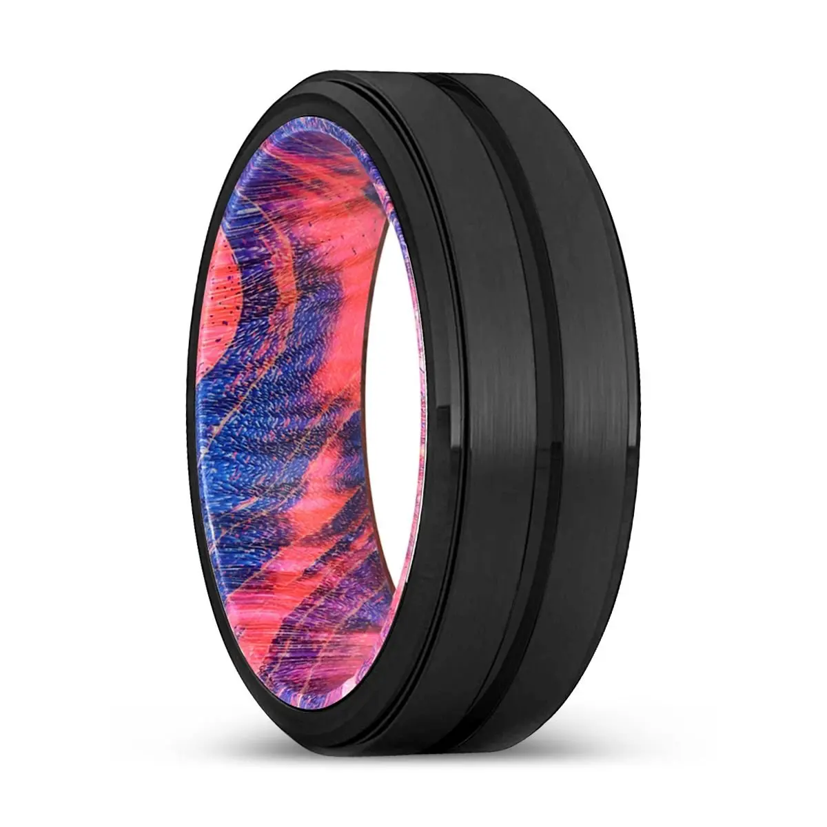 Franky | Blue & Red Wood, Black Tungsten Ring, Grooved, Stepped Edge 1