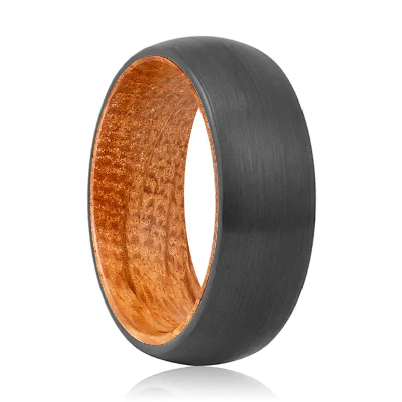Fraser | Whiskey Barrel Wood, Black Tungsten Ring, Brushed, Domed 1