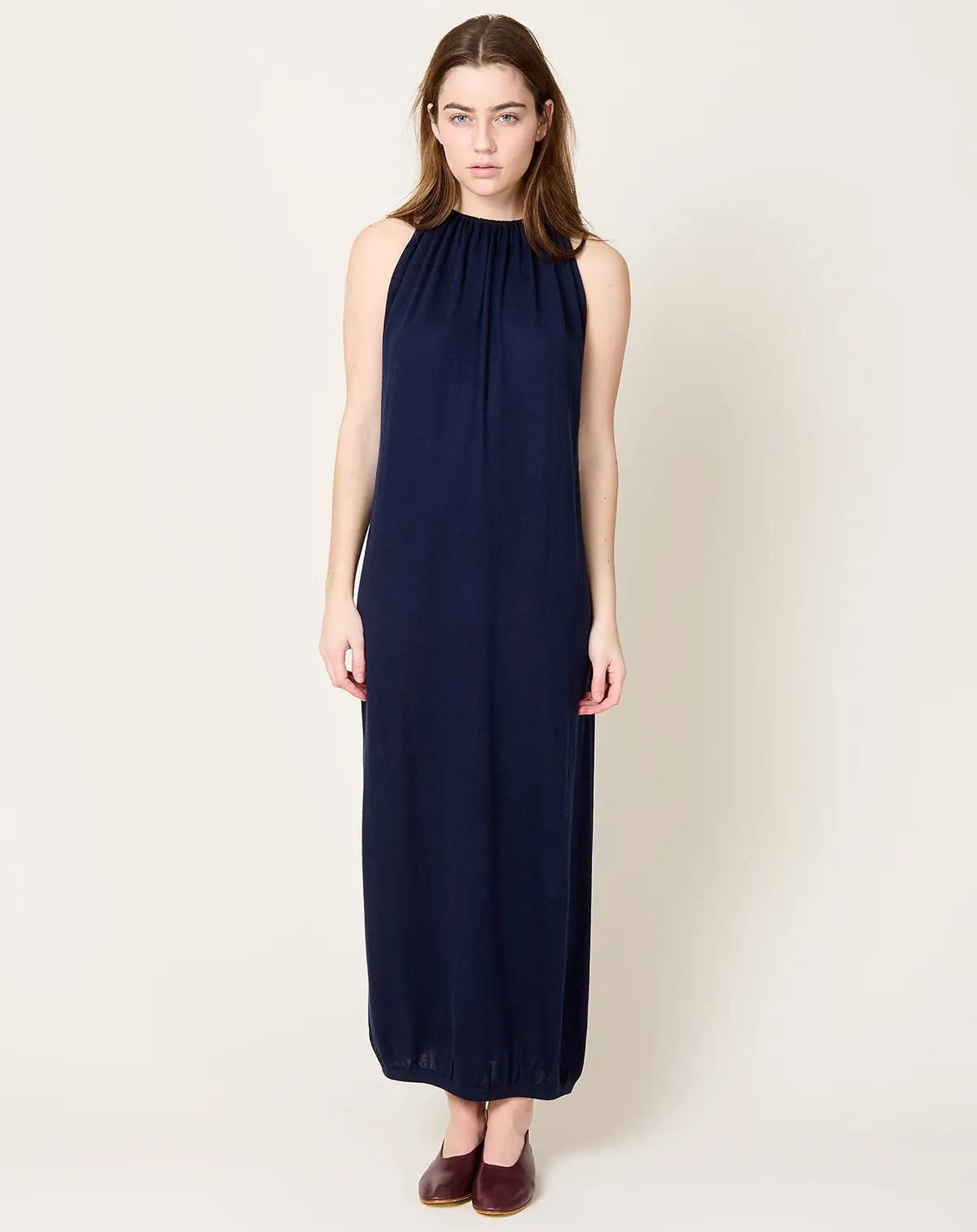 Cashmere Silk Long Drape Dress In Navy 1