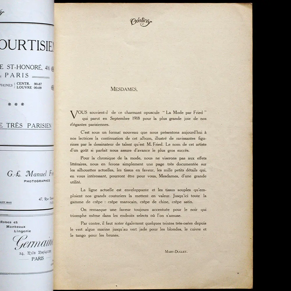 Fried - Créations, Revue Mensuelle De L'élégance Féminine, N°1 (Circa 1919) 2