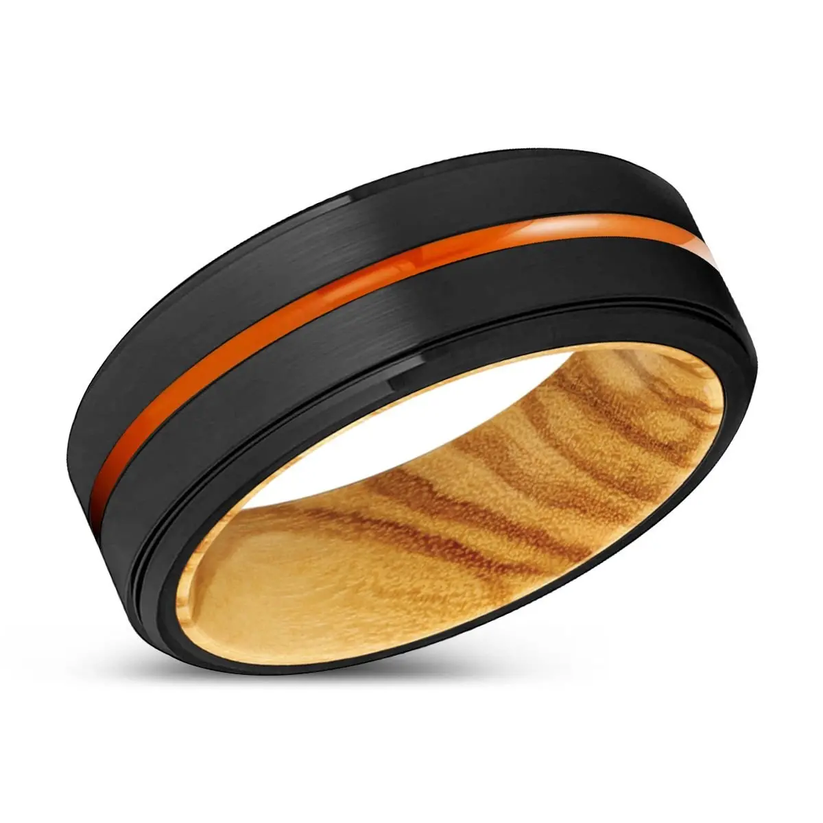 Frisco | Olive Wood, Black Tungsten Ring, Orange Groove, Stepped Edge 2