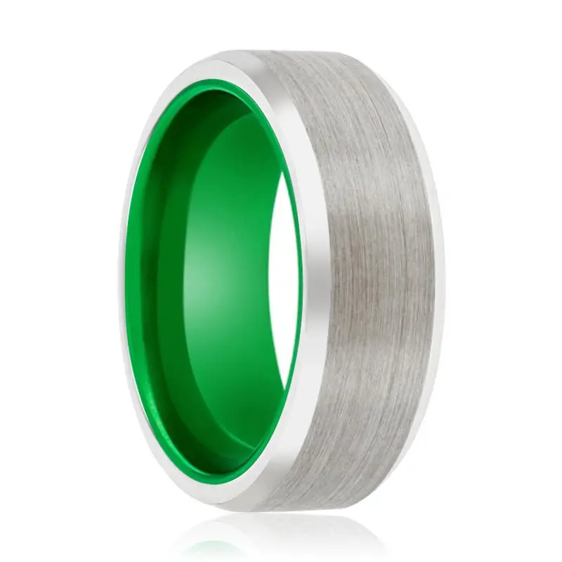 Frogger | Green Ring, Silver Tungsten Ring, Brushed, Beveled 1