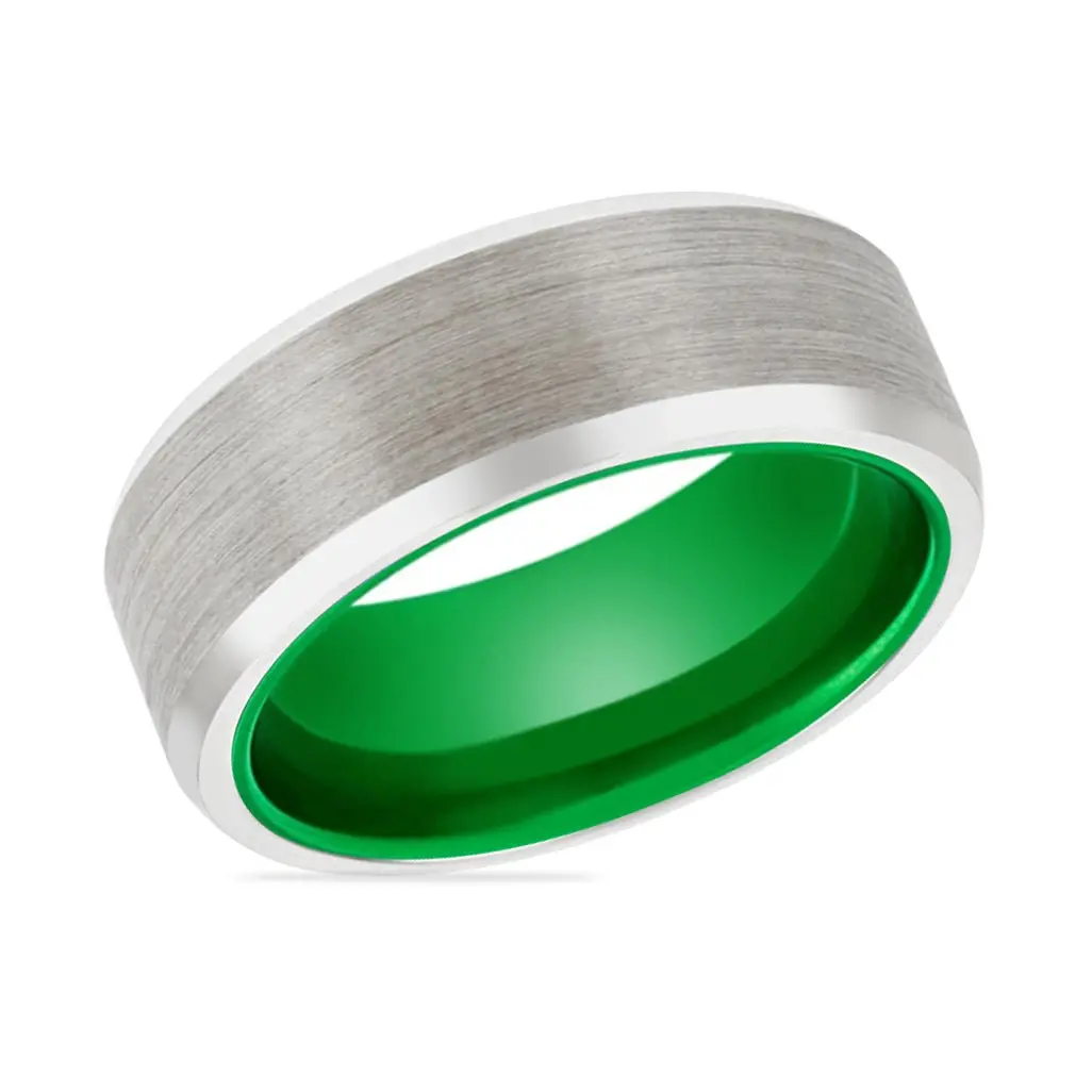 Frogger | Green Ring, Silver Tungsten Ring, Brushed, Beveled 2