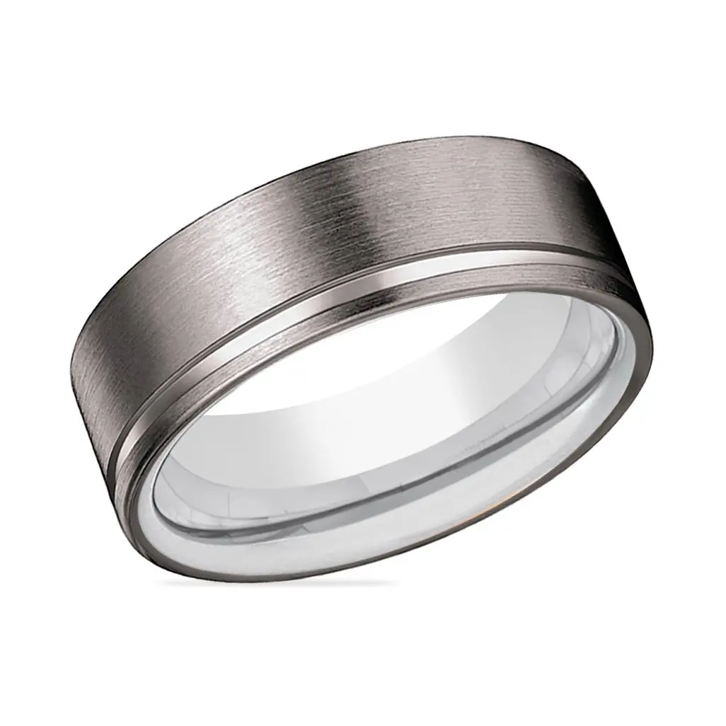 Frost | Silver Ring, Gunmetal Tungsten Offset Groove 2