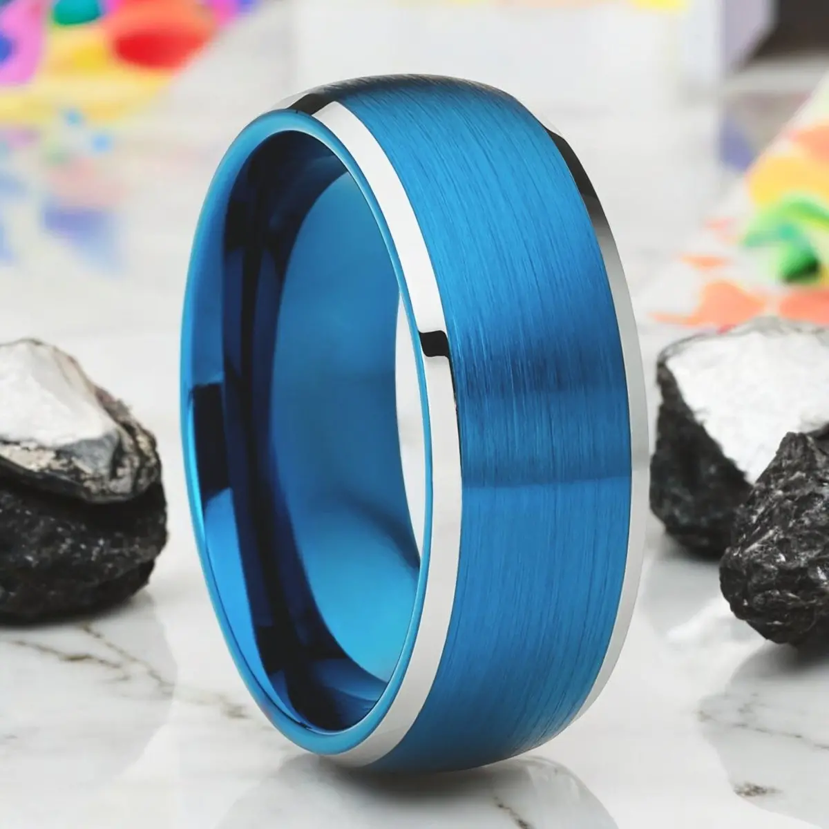 Frostwane | Blue Tungsten Ring, Brushed, Silver Beveled Edges, Domed 1