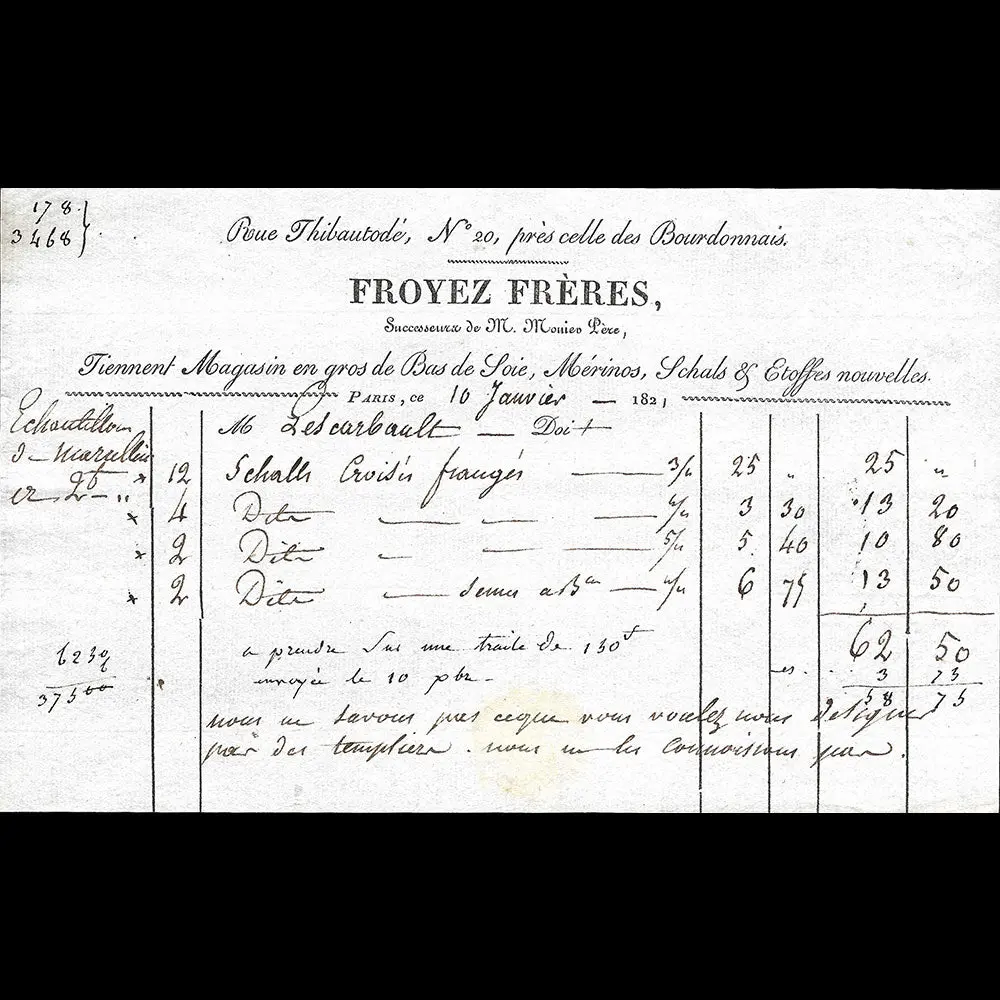 Froyez Frères - Facture Du Magasin De Bas De Soie, Mérinos, Schalls & Etoffes Nouvelles, 20 Rue Thibautodé À Paris (1821) 1