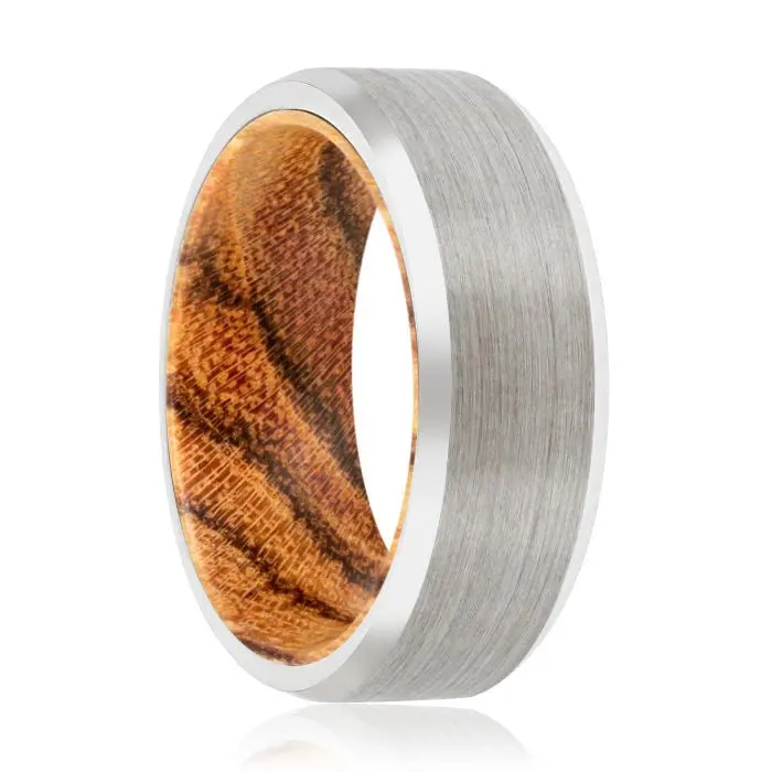 Fudge | Bocote Wood, Silver Tungsten Ring, Brushed, Beveled 1