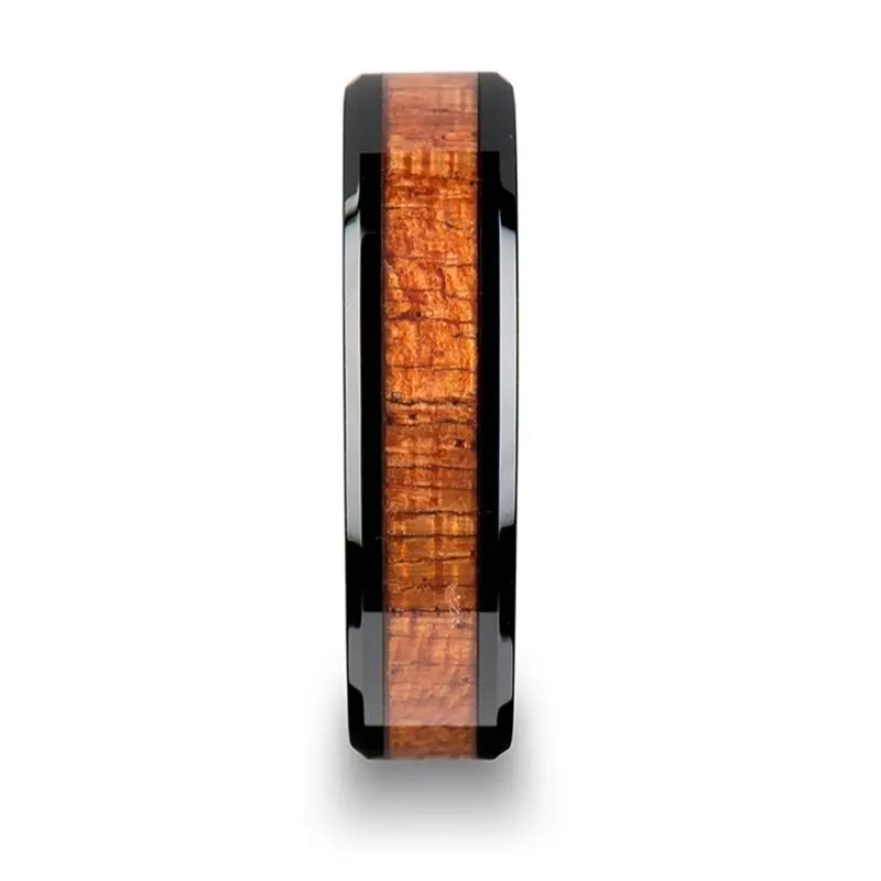 Gabon | Black Ceramic Ring, Exotic Mahogany Wood Inlay, Beveled 3