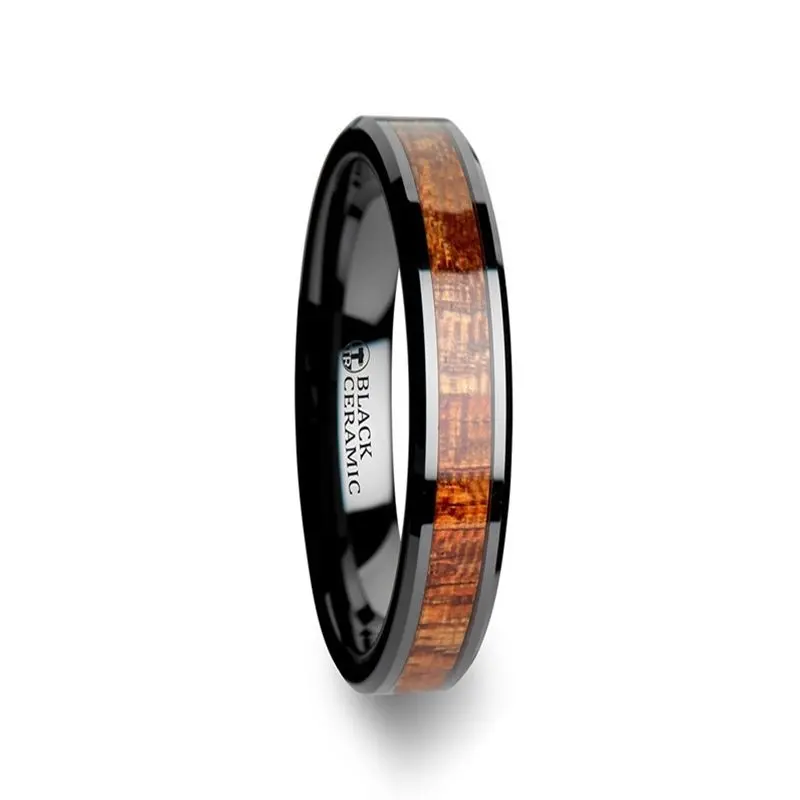 Gabon | Black Ceramic Ring, Exotic Mahogany Wood Inlay, Beveled 1
