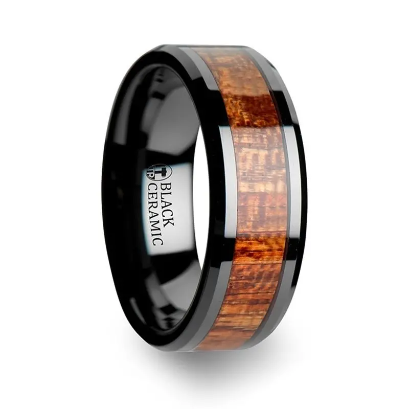 Gabon | Black Ceramic Ring, Exotic Mahogany Wood Inlay, Beveled 4