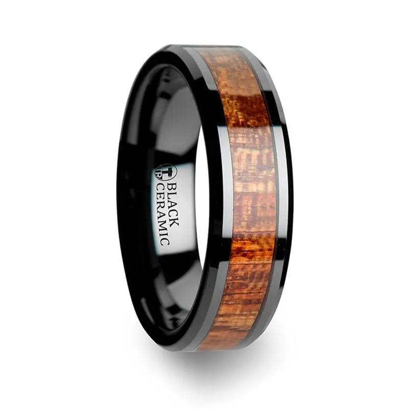 Gabon | Black Ceramic Ring, Exotic Mahogany Wood Inlay, Beveled 2
