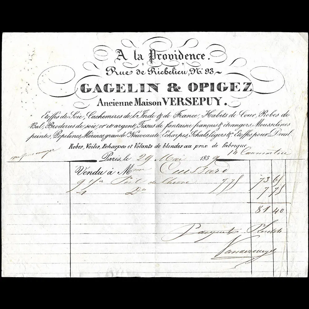 Gagelin & Opigez - Facture De La Maison A La Providence, Ancienne Maison Versepuy, Rue De Richelieu, Paris (1839) 1