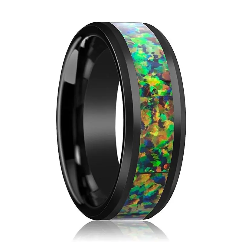 Galactic | Black Ceramic Ring, Blue & Orange Opal Inlay, Beveled 1