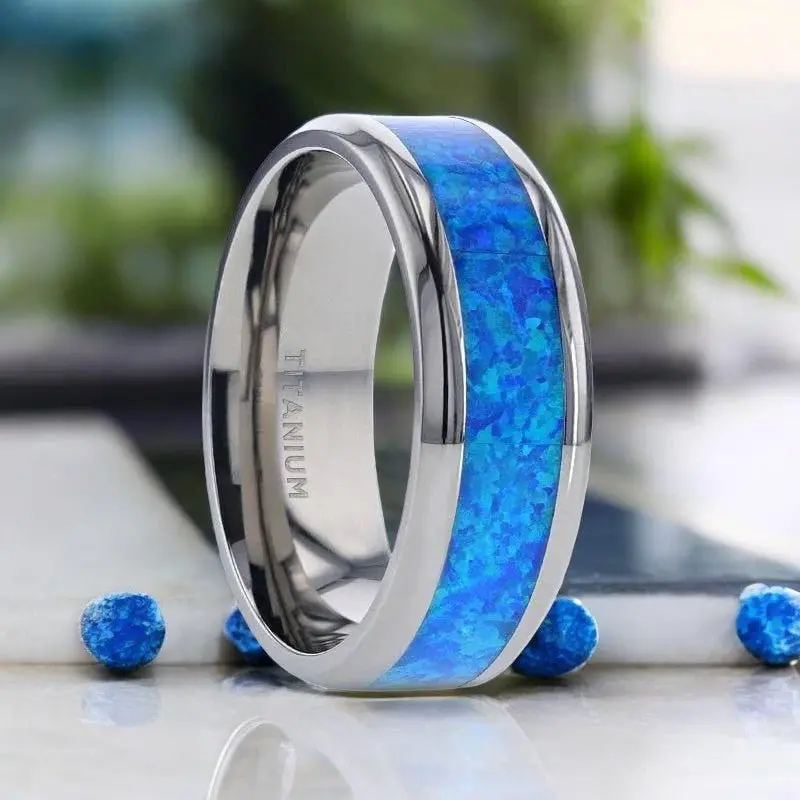 Galaxy | Silver Titanium Ring, Blue Green Opal Inlay, Beveled 1
