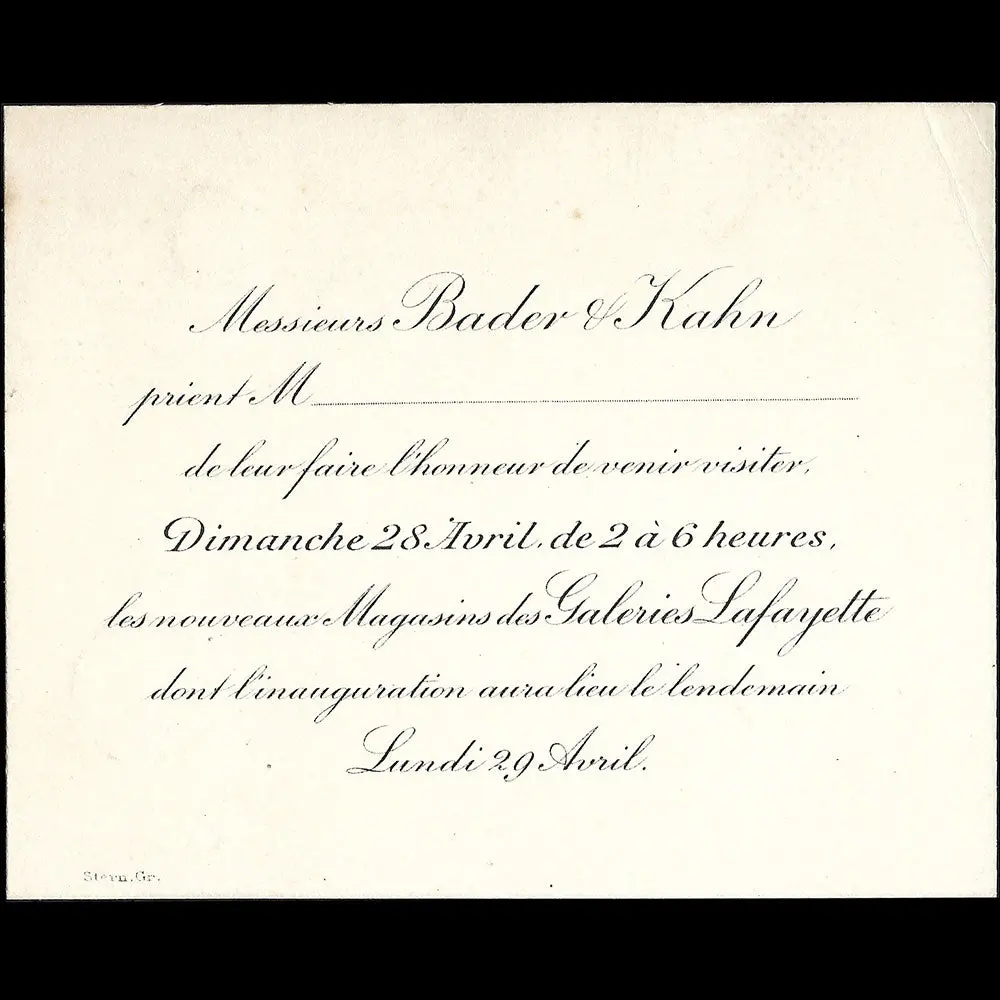 Galerie Lafayette - Invitation De Mm. Bader & Kahn À Une Visite Pré-Inaugurale (1927) 1