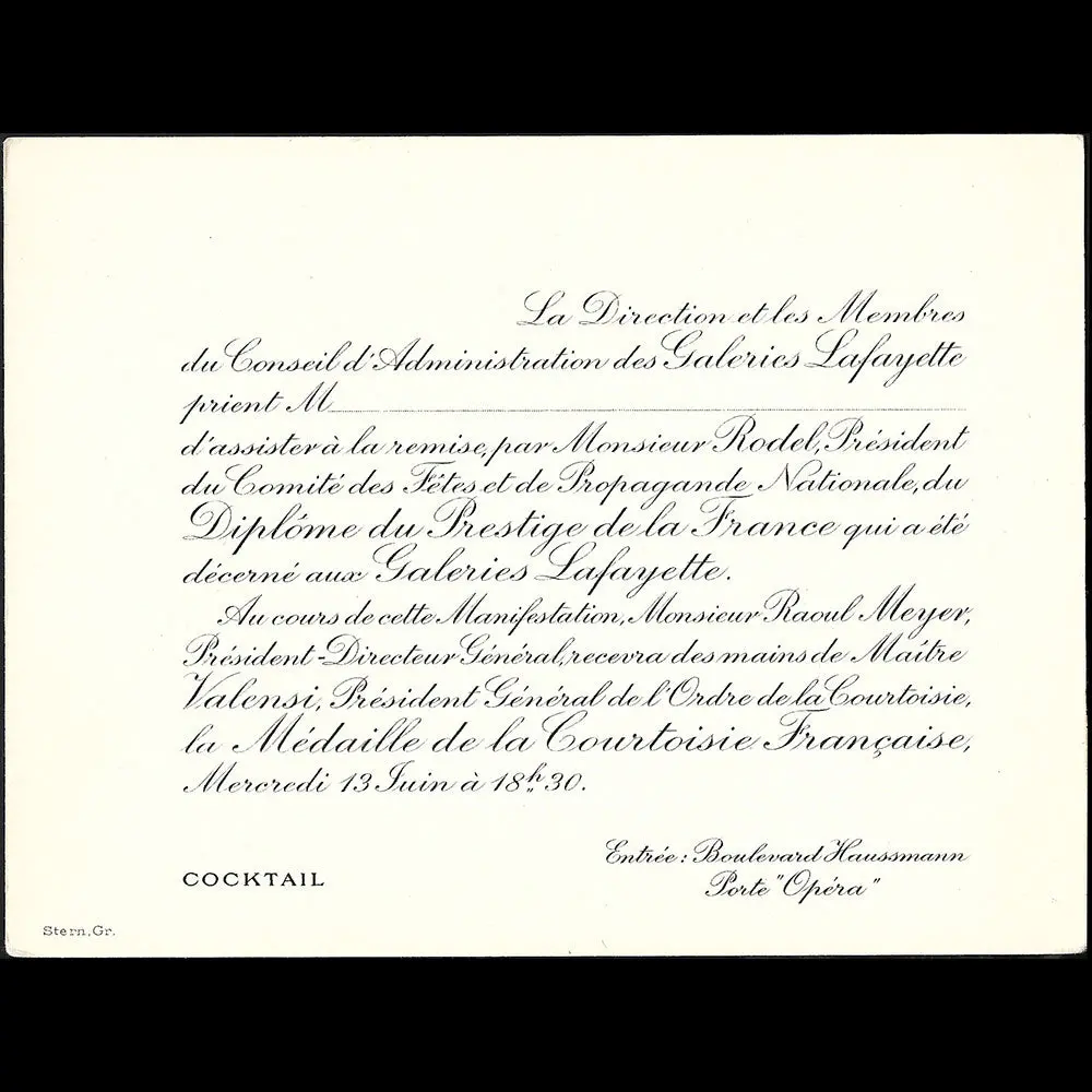 Galerie Lafayette - Invitation À La Remise Du Diplôme Du Prestige De La France (1956) 1