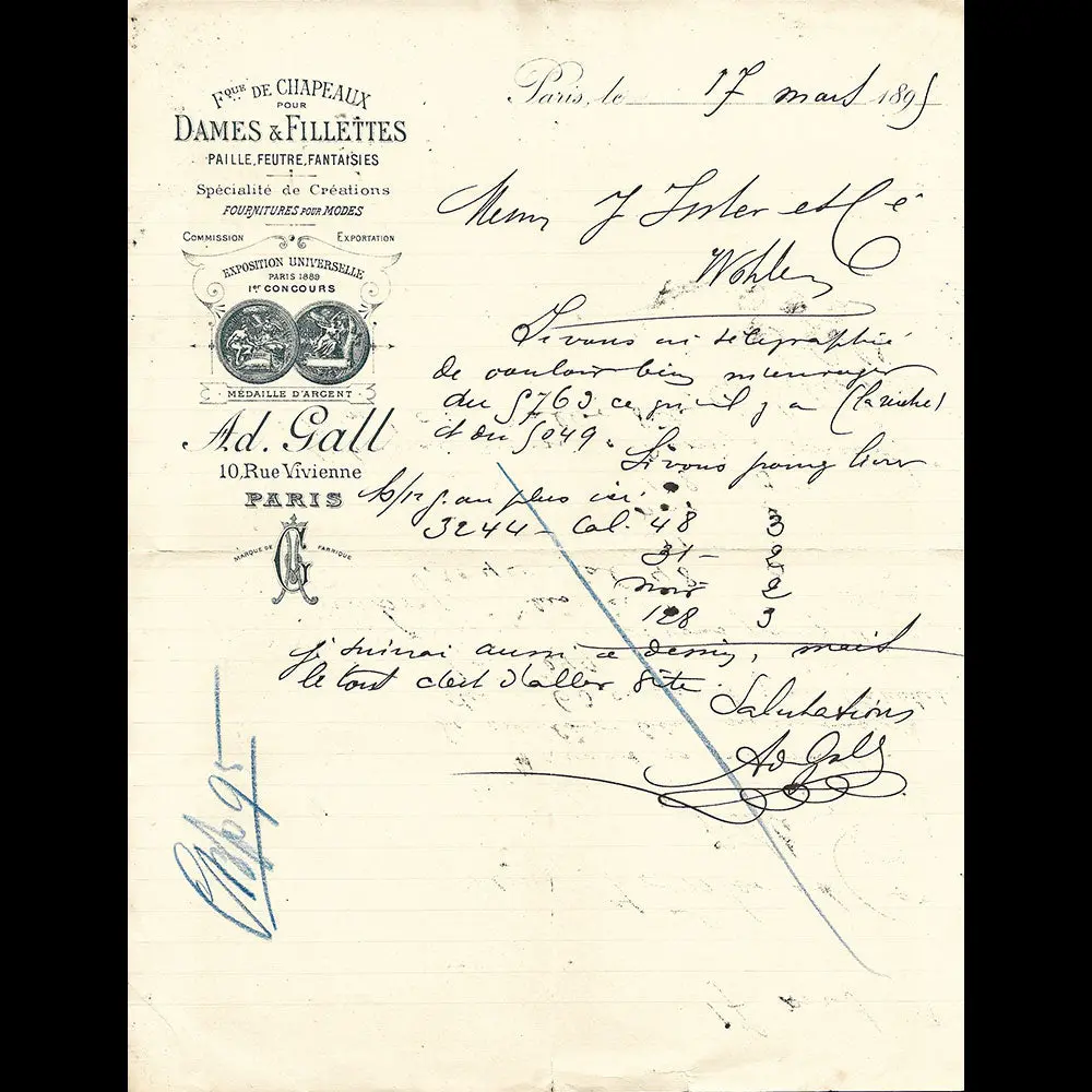 Ad. Gall - Facture De La Fabrique De Chapeaux, 10 Rue Vivienne Paris (1895) 1