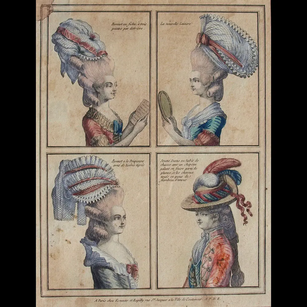 Gallerie Des Modes Et Costumes Français, 1778-1787, Gravure N° E 26, Bonnet Au Fichu À Trois Pointes Par Derrière (1778) 1