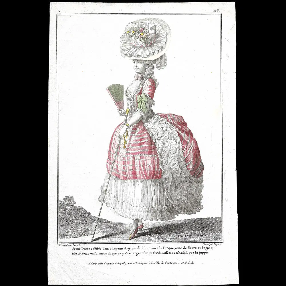 Gallerie Des Modes Et Costumes Français, 1778-1787, Gravure N° V 123, Jeune Dame Coëffée D'un Chapeau Anglais (1779) 1