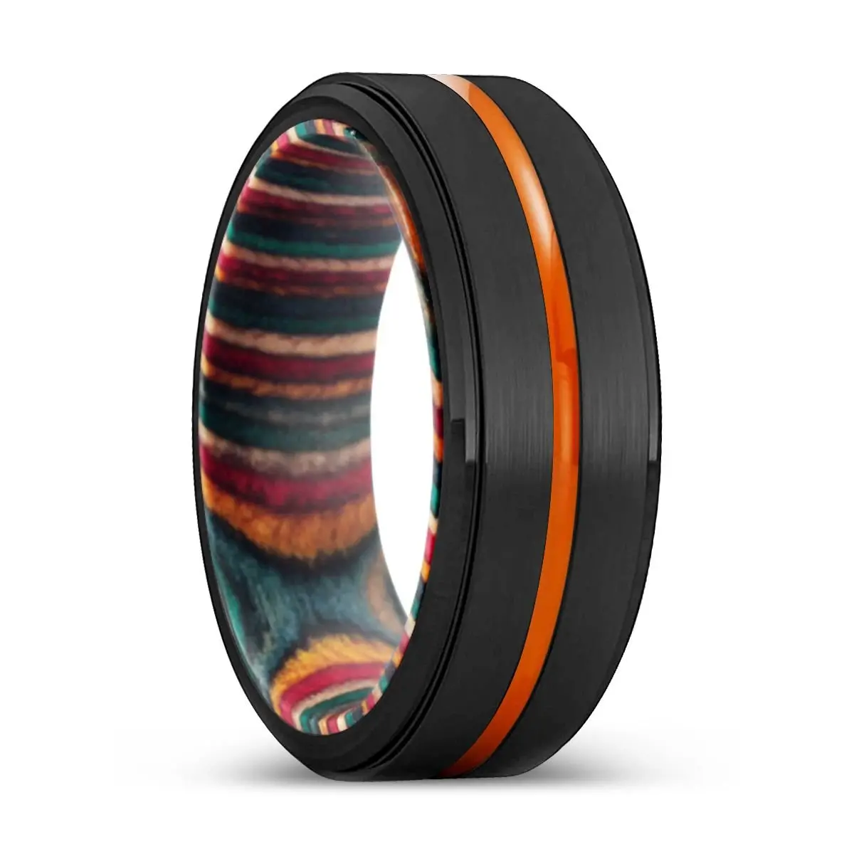 Garland | Multi Color Wood, Black Tungsten Ring, Orange Groove, Stepped Edge 1