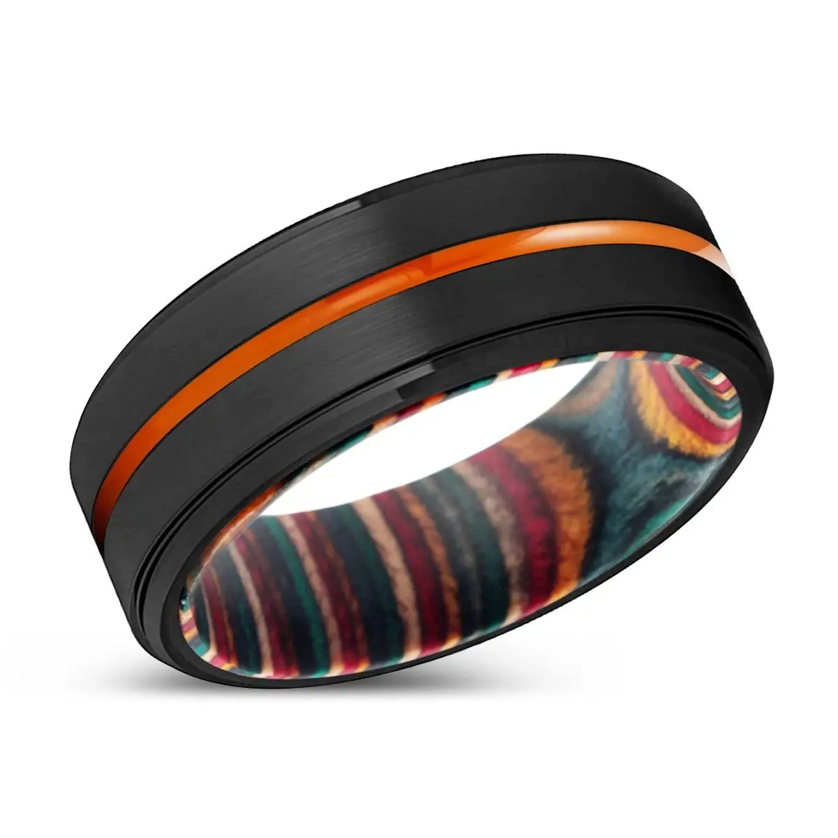 Garland | Multi Color Wood, Black Tungsten Ring, Orange Groove, Stepped Edge 2