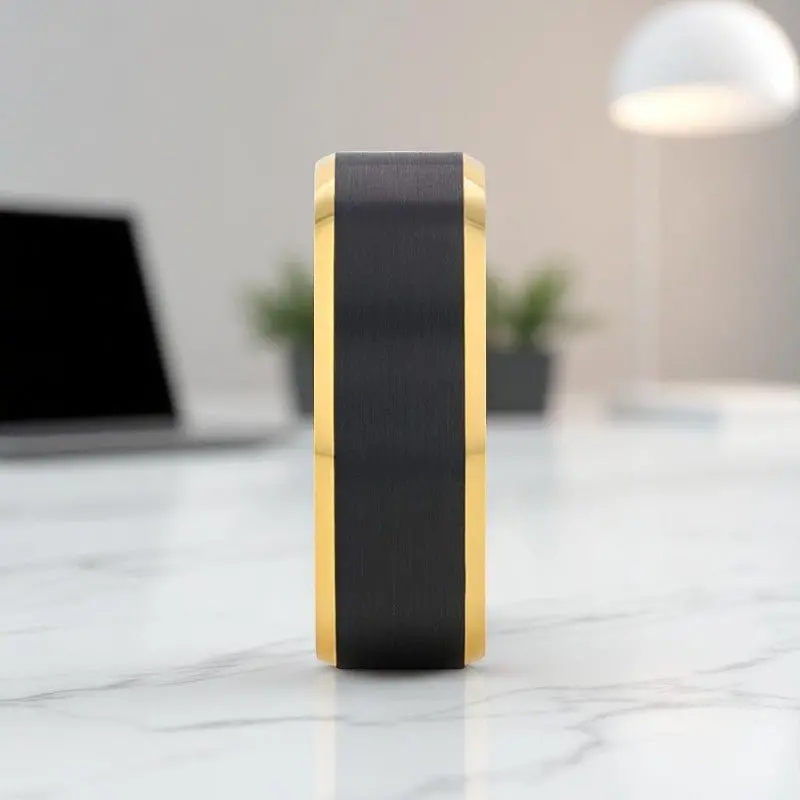Gaston | Gold Tungsten Wedding Band – Brushed Black Center 4