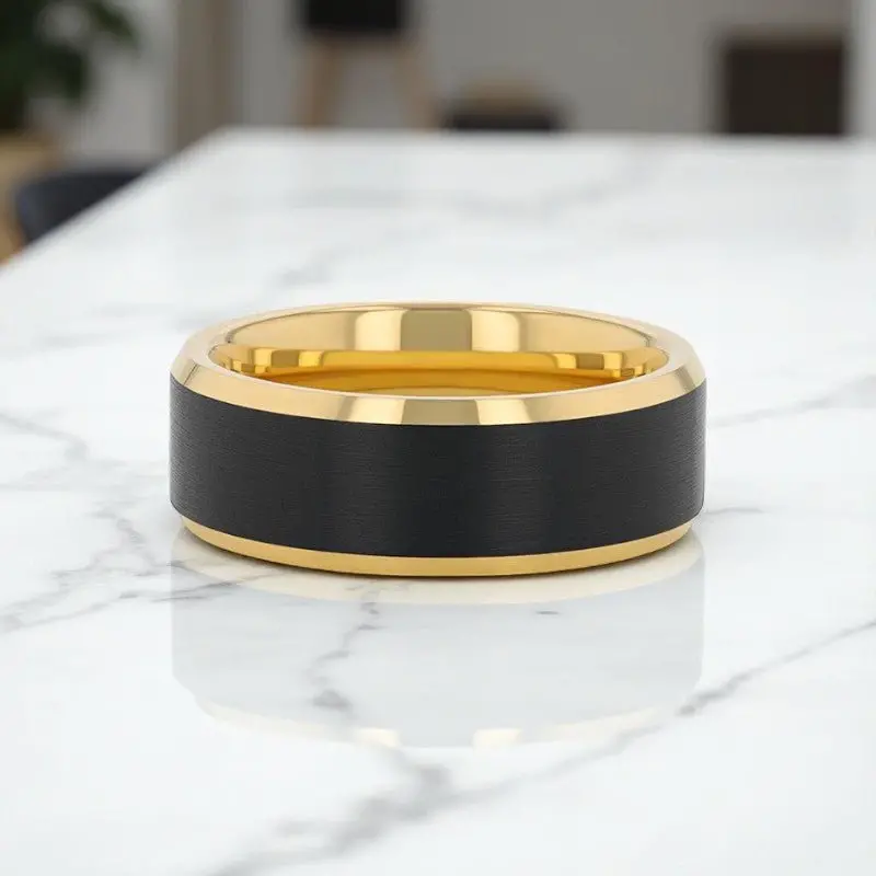 Gaston | Gold Tungsten Wedding Band – Brushed Black Center 5