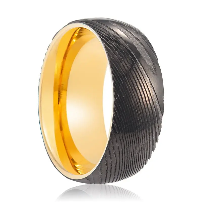 Gatsby | Gold Ring, Gunmetal Damascus Steel Ring, Domed 1