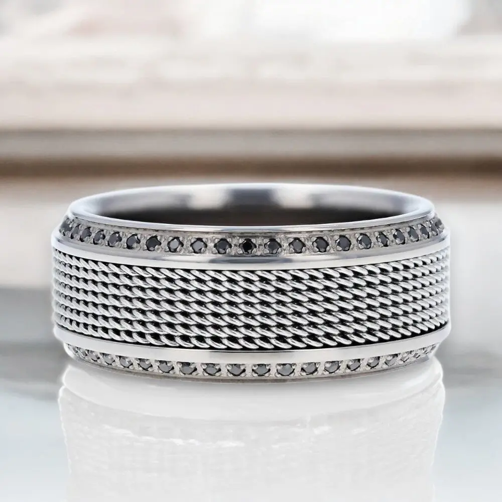 Gauntlet | Titanium Wedding Band – Steel Chain Design & Black Diamonds 4