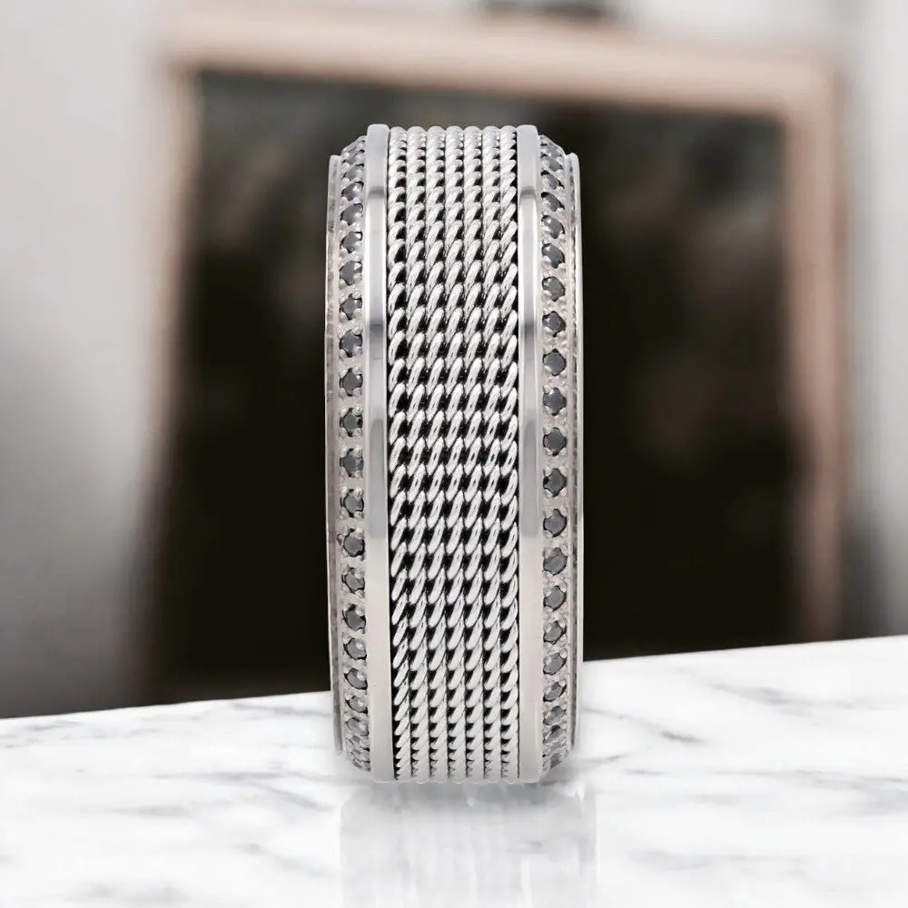Gauntlet | Titanium Wedding Band – Steel Chain Design & Black Diamonds 3