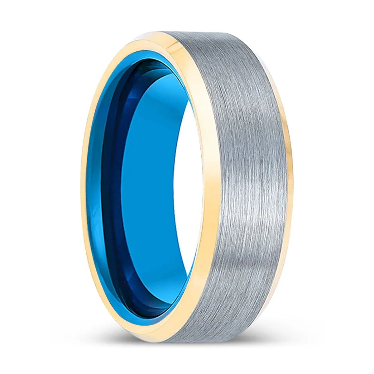 Genesis | Blue Tungsten Ring, Brushed, Silver Tungsten Ring, Gold Beveled Edges 1