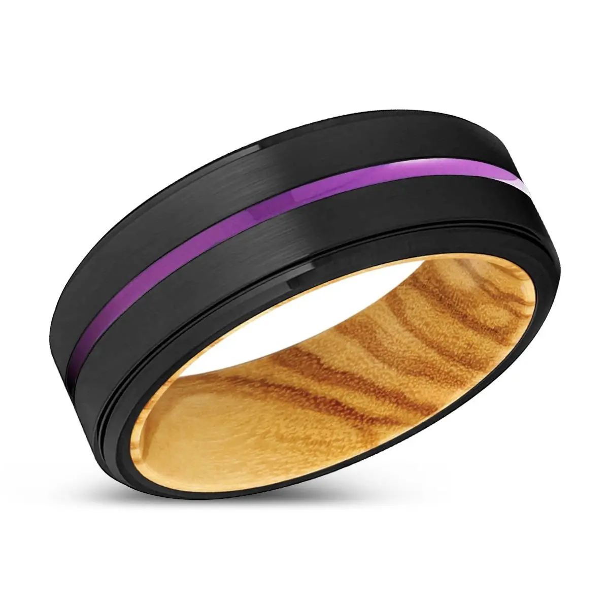 Geraldton | Olive Wood, Black Tungsten Ring, Purple Groove, Stepped Edge 2