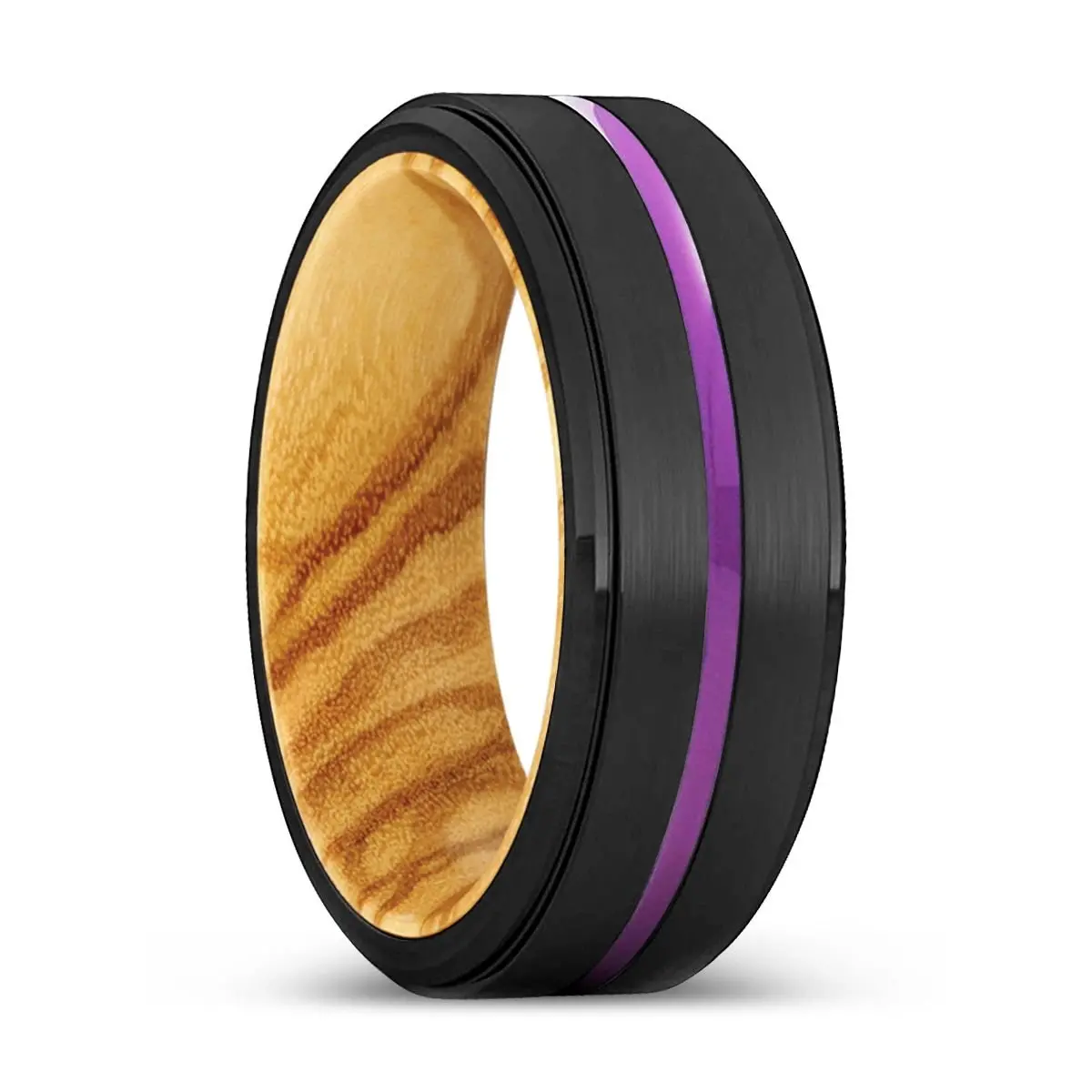 Geraldton | Olive Wood, Black Tungsten Ring, Purple Groove, Stepped Edge 1
