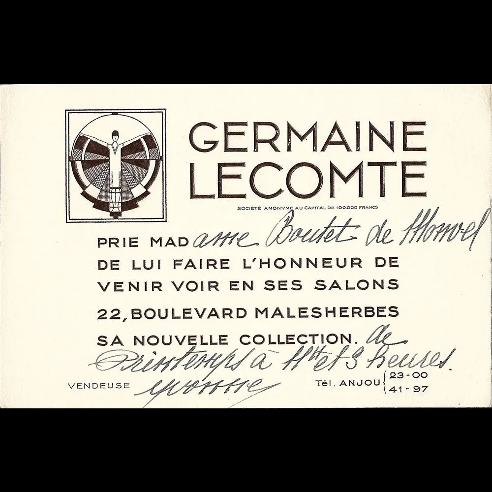 Germaine Lecomte - Carton D'invitation De La Maison De Couture, 22 Boulevard Malesherbes À Paris (1950S) 1
