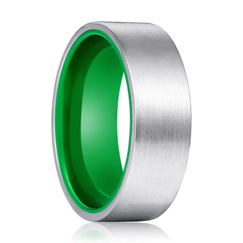 Giant | Green Ring, Silver Tungsten Ring, Brushed, Flat 1