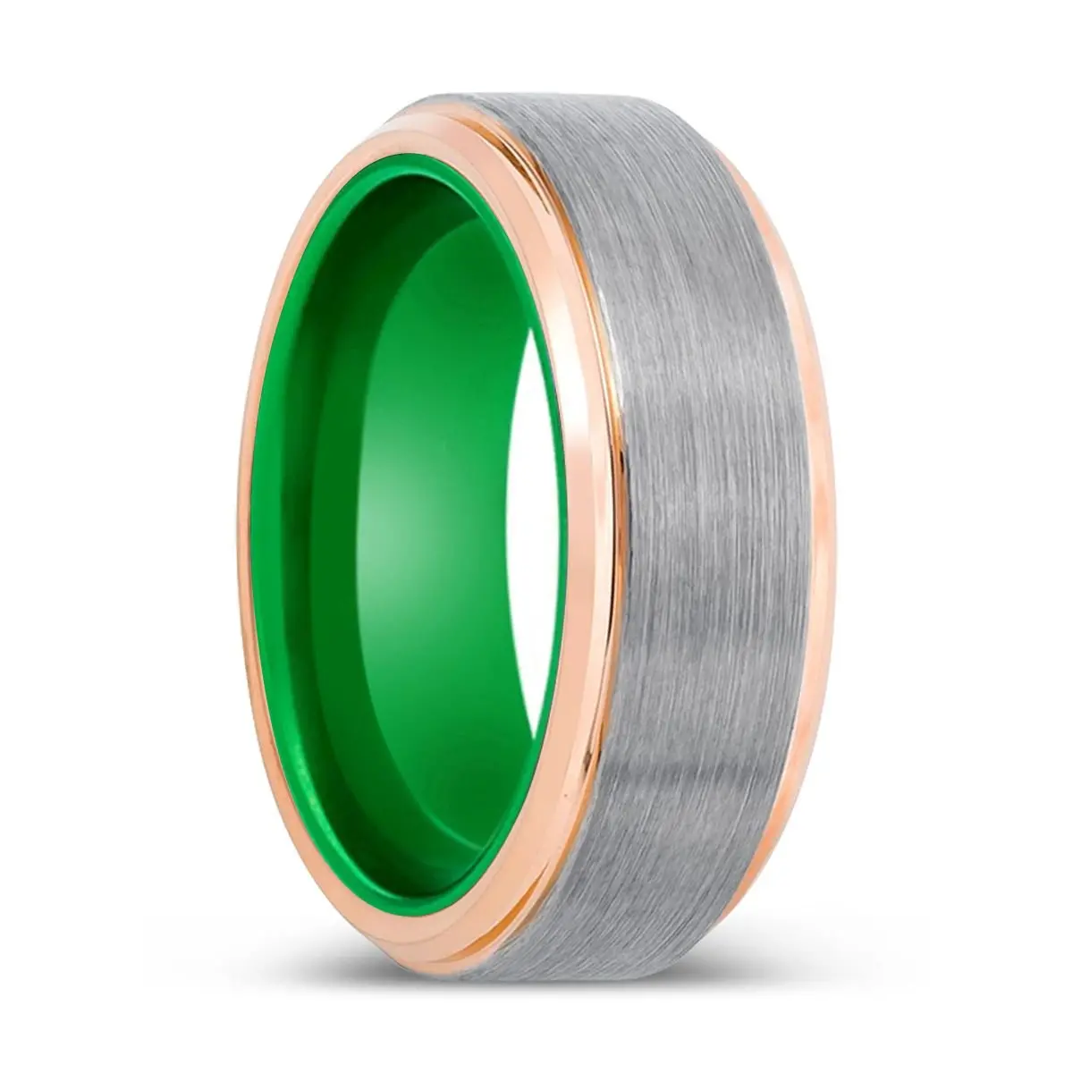 Gibbs | Green Ring, Silver Tungsten Ring, Brushed, Rose Gold Stepped Edge 1